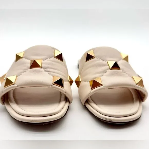 Valentino Garavani Roman Stud Flat Sandals White Leather Studded Slides EU 38.5 - Picture 12 of 13